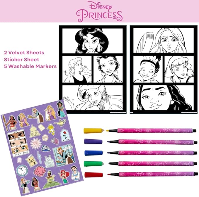 Disney Princess Coloring Book for Adults and Kids, Black & White Sheets, Velvet Coloring Pages, Stickers, Washable Markers