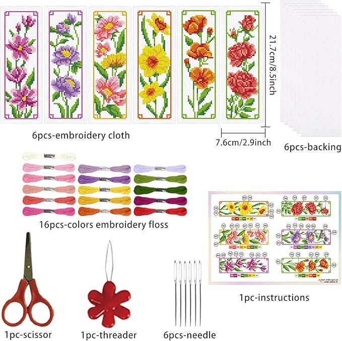 ORIGACH 6 Set Floral Cross Stitch Bookmark Kit for Beginner with Backing Felt Floss Instructions Magnolia Daffodil Rose DIY Stamped Embroidery Bookmark Kit for Adults, Book Lovers