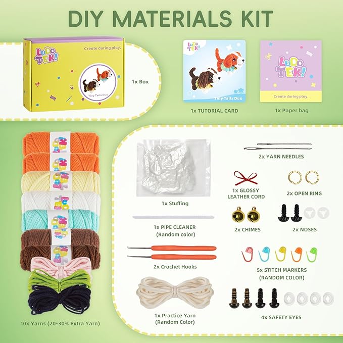 LUDOTEK Crochet Kit for Beginners, Crochet Animal Kits,Crocheting Kit for Starters with Step-by-Step Video Tutorials, Beginner Crochet Kits for Adults(2 Pack Dog)
