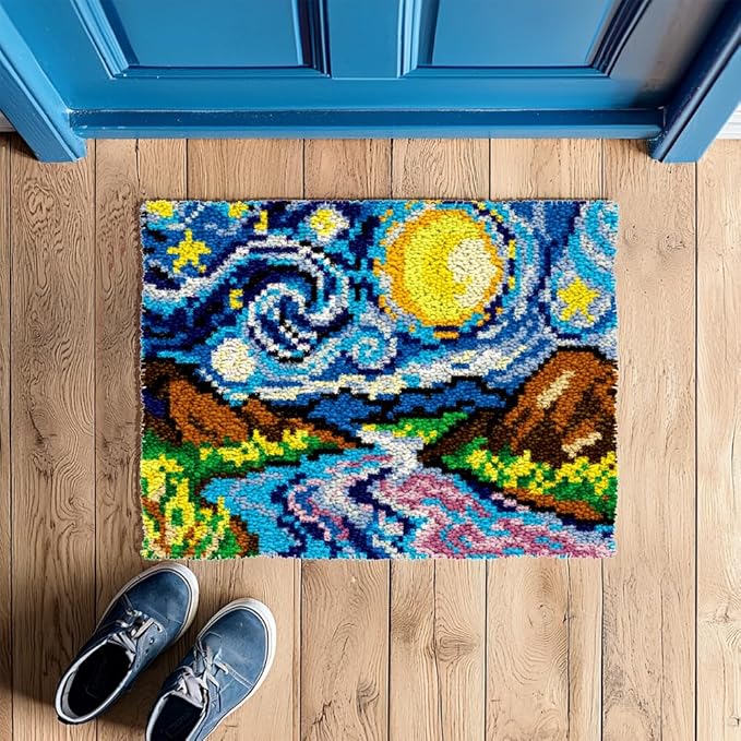ORIGACH Starry Night Sky Latch Hook Rug Kit for Adults Printed Rug Making Kit Handmade Carpet Tapestry Cover with Hook Latch and Preprinted Canvas, Home Arts Crafts Sofa Decor, 20.5x15inch