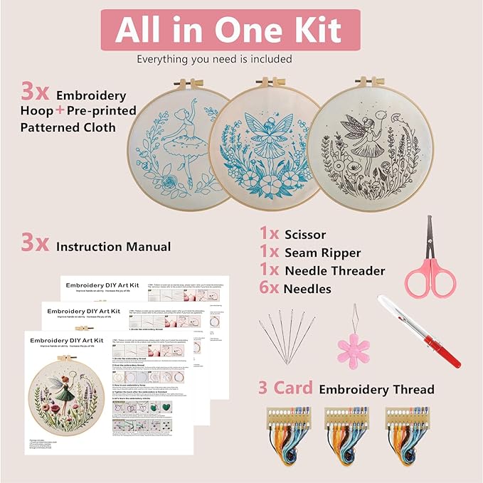 Embroidery Kit for Adults, Pre-Stamped Pattern Embroidery Kit for Beginners, DIY Hand Needlepoint Starter Kit with Hoop Thread Needle Instruction, 7.87'' Hoop (Flower Fairy 3 Packs)