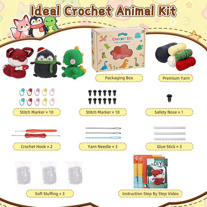 Crochet Kit for Beginners Kids - 3 Pack Animal Beginner Crochet Kit for Kids Adults Teens, Amigurumi Craft Knitting Supplies Set with Step-by-Step Video Tutorials, DIY Crocheting Gifts for Crocheters