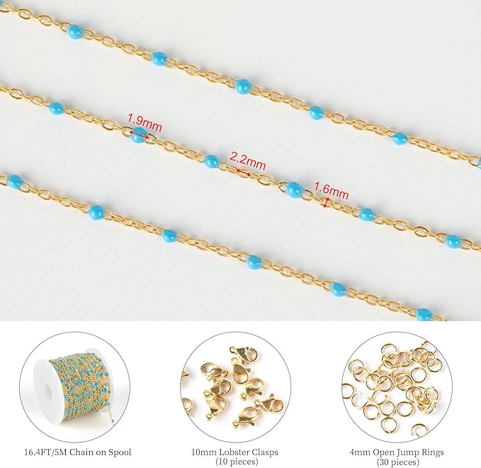 KYUNHOO Light Blue Beaded Chain Spool Gold Plated Jewelry Making Chain Necklace with Lobster Clasps and Jump Rings for Jewelry Crafts DIY Making Finding Supplies