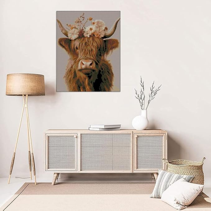 Stamped Cross Stitch Kits for Adults Beginners, Cow Flowers Easy DIY Counted Cross Stitch Kit Printed Patterns Dimensions Needlepoint Art Crafts Embroidery Kits for Home Wall Decor 15.7x11.8 inches