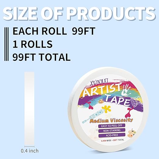 1 Packs Artist Tape Medium Tack White Art Tape for Watercolor Paper Drafting Art Painting Canvas Framing Acid Free Masking Tape- 0.4IN Wide 99FT Long Total
