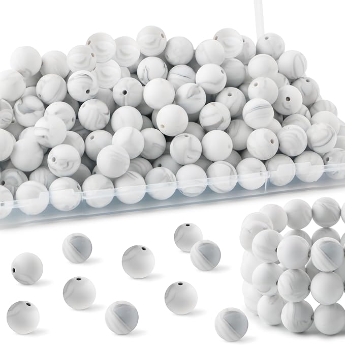 150Pcs 15mm Silicone Beads for Keychain Making Bracelet Necklace, Bulk Round Silicone Beads for Pens（Marble White）