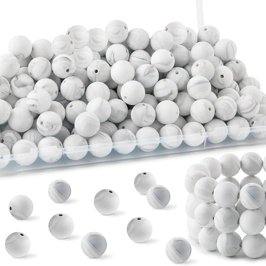 150Pcs 15mm Silicone Beads for Keychain Making Bracelet Necklace, Bulk Round Silicone Beads for Pens（Marble White）