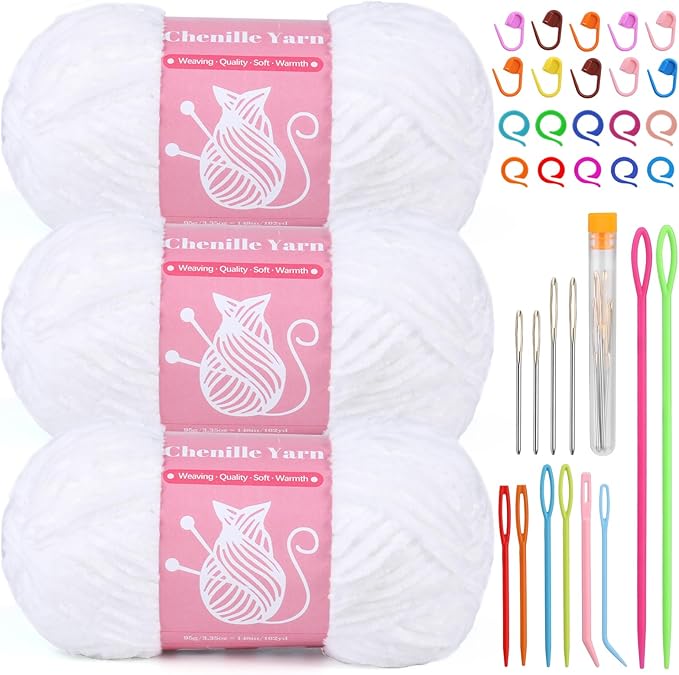 LUNARM Chenille Velvet Yarn for Crocheting & Knitting, Soft Yarn for Making Blankets, Clothes & More - 3 * 3.35oz, 3 * 162yds (White)