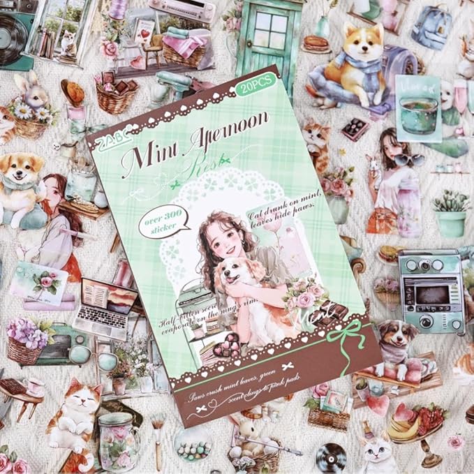 Scrapbook Sticker Book for Scrapbooking and Journaling, People Pet Coffee Theme, 20 Sheets 3.9x5.9 inches, Precut Transparent PET Stickers for Junk Journal Supplies, Collage, Scrap Book