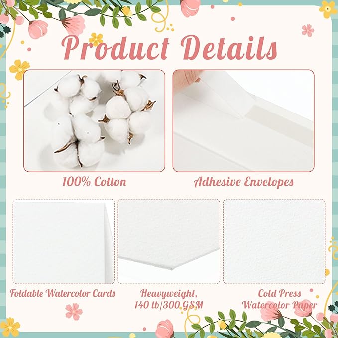 60 Sets Watercolor Cards with Envelopes, 140 lb/300 GSM Watercolor Paper Cards, 5x7 Inch Foldable Blank Watercolor Postcards and Envelopes for Greeting Cards, Wedding Invitations, Thank You Card