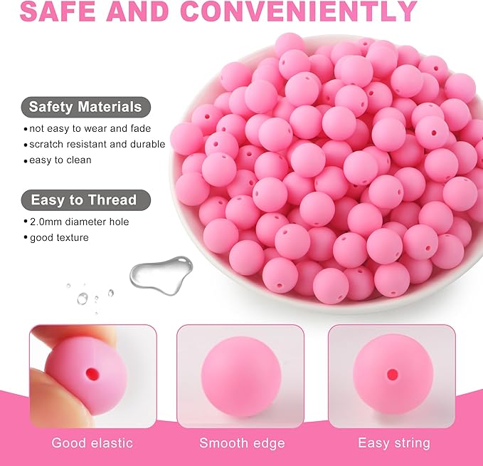 Silicone Beads, 150Pcs 15mm Round, Pink for Keychain Making, Bracelet Making, Necklace Making and Pens