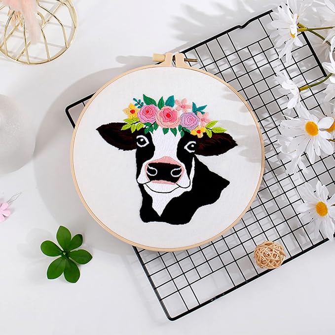 Louise Maelys Cow Beginners Embroidery Kits,Cross Stitch Starter kit for Adults with Embroidery Cloth Hoop Needles Instruction and Threads