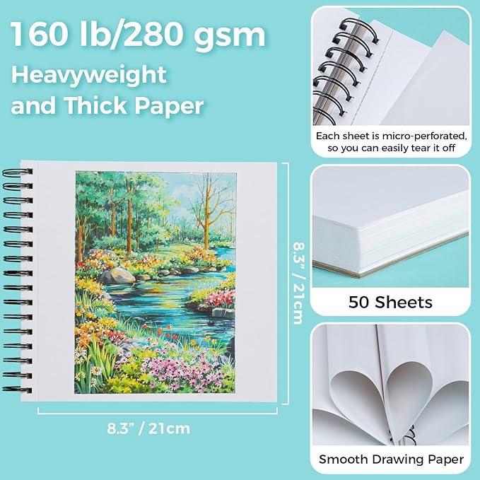 Ohuhu Double-Sided Bleedproof Marker Pad - 8.3"x8.3" Square Paper Size - 160 lb/280 gsm Heavyweight Smooth Drawing Paper - 50 Sheets/100 Pages - Spiral-Bound Sketchbook for Alcohol Markers