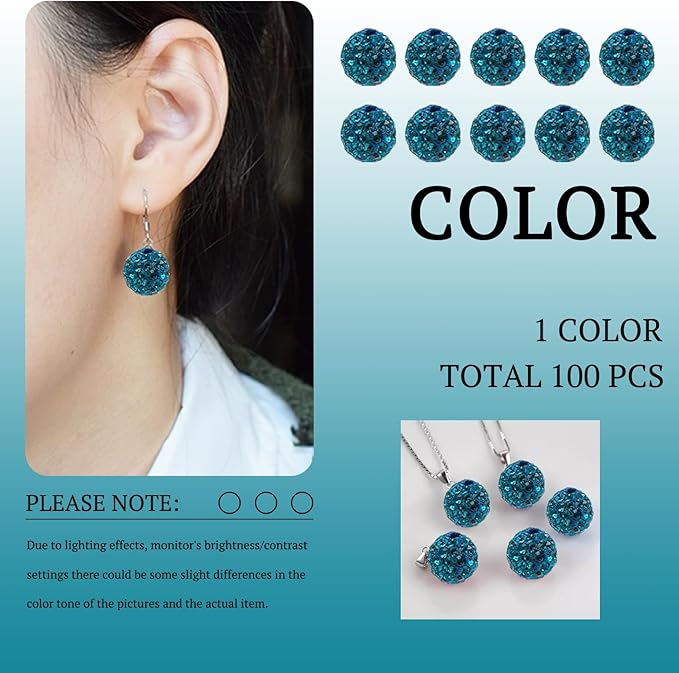 10mm Grade A Teal Rhinestone Beads for Baseball Necklace-Peacock Blue Round Disco Ball Bead Rhinestone Clay Beads for Earring Jewelry Making,Necklace Bracelet,DIY Craft Supplies(200 pcs)