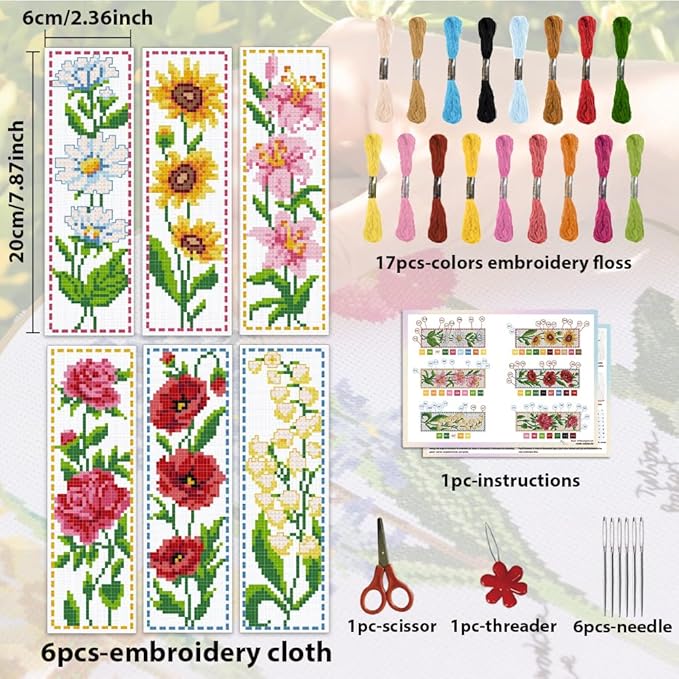 ACRNIGHEET 6PCS Cross Stitch Bookmark Kit for Beginner Flower Pattern Stamped Cross Stitch Kits for Adults Crossstitch Kits Adult Bookmarks with Instructions Hand Embroidery Craft Gift 8''x2.4'' 11CT