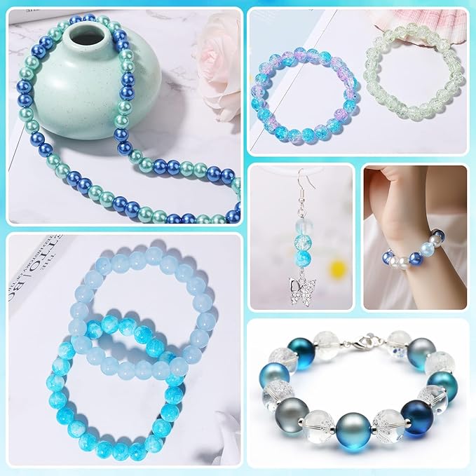 PAXCOO 720pcs Glass Beads for Jewelry Making 8mm, 24 Colors Bead Bracelet Making Kit Blue Round Loose Beads for Bracelet Earring Necklace Jewelry Making Supplies