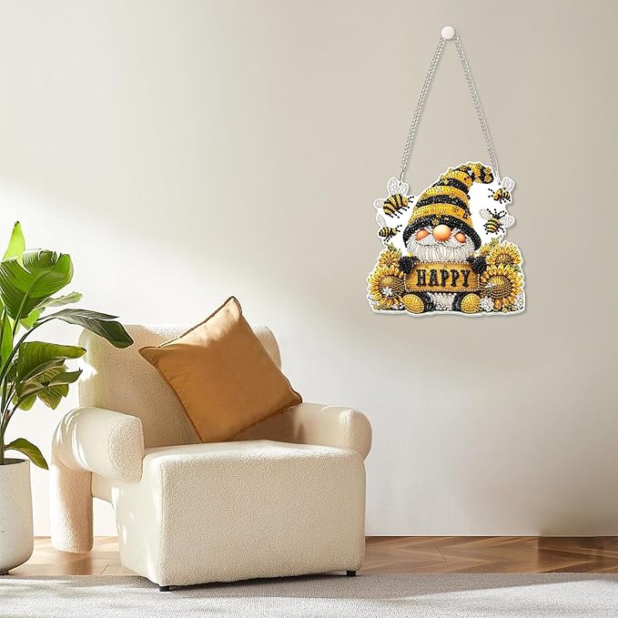 MOGTAA Gnomes Diamond Art Hanging Pendant Kits, 5D Special Shape Diamond Art Kits for Adults, Crystal Rhinestones Sunflowers Diamond Painting Bee Gem Art for Home Garden Wall Decor
