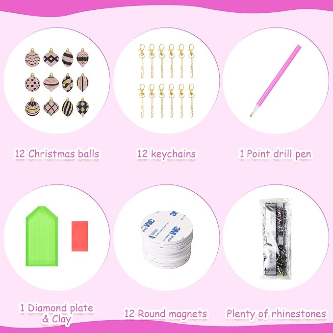 Cinrobiye 12 Pieces Christmas Diamond Painting Keychains Kits with Tools Christmas Ball Diamond Art Hanging Ornaments DIY Xmas Refrigerator Decor Craft Kits for Holiday Party (Ball2)