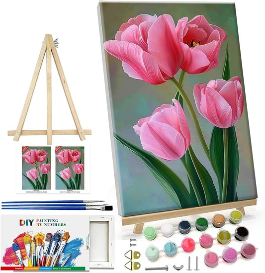 ATDMS Paint by Numbers Kit for Adults with Frame Flowers Paint by Number with Easel DIY Tulip Adult Paint by Number Kits Oil Painting Kits for Gift Home Wall Decor 8x12 Inch