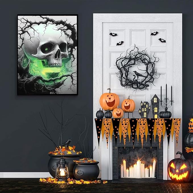 DIYDECORFUN Skull Diamond Art Kits for Adults Halloween, 5D Horror Diamond Painting Kits, Full Round Drills Spooky Skeleton Diamond Dots DIY Ghost Gem Art Crafts Paint By Diamonds for Decor 12x16IN