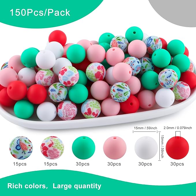 150Pcs Mixed Color 15mm Silicone Beads for Keychain Making, Pink Red Green Print Silicone Beads for Pens and Bracelet Jewelry Making
