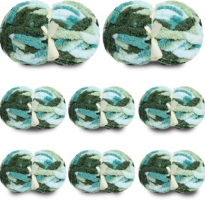 8 Pack Chunky Yarn for Hand Knitting - Chenille Blanket Yarn for Crocheting Blankets - 223 Yds/63.7 Oz Rainbow Ombre Yarns - Super Bulky Soft Thick Mixed Color Jumbo Yarns (8, Mint/Teal/Green)