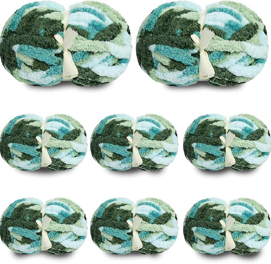 8 Pack Chunky Yarn for Hand Knitting - Chenille Blanket Yarn for Crocheting Blankets - 223 Yds/63.7 Oz Rainbow Ombre Yarns - Super Bulky Soft Thick Mixed Color Jumbo Yarns (8, Mint/Teal/Green)