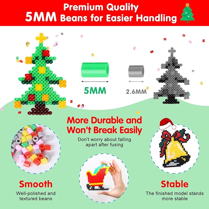 LULUETPUE Christmas Fuse Beads Kit, 7000PC 5MM Melty Beads Set, Iron Melting Bead Craft Kit with Pegboards,Ironing Paper, Arts and Crafts Set for Boys Girls Xmas Birthday