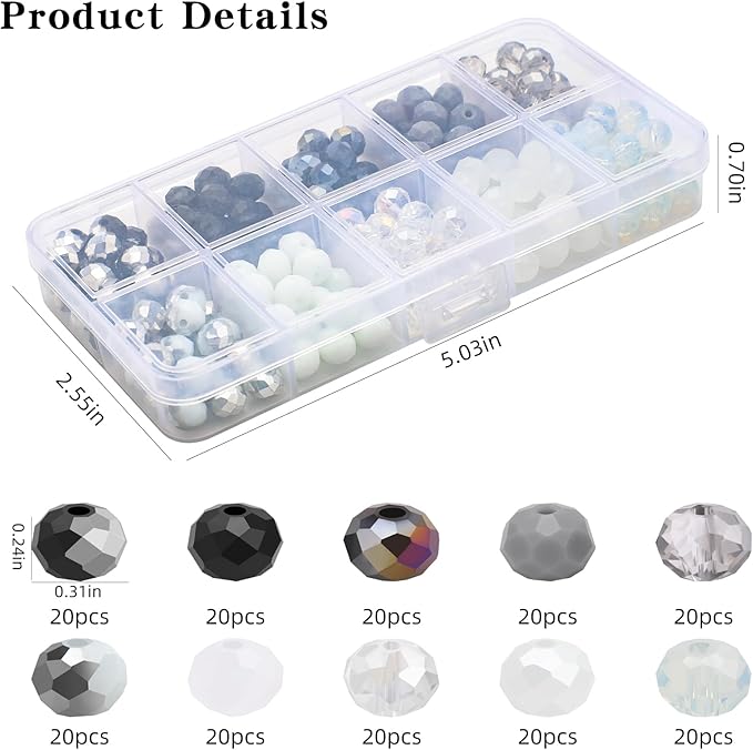 200pcs 8MM Faceted Rondelle Glass Beads for Jewelry Making, Briolette Crystal Glass Beads Plated Round Loose Spacer Beads for DIY Supplies Bracelets Necklaces Earrings (Black White)