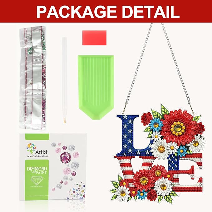 CEOVR Independence Day Hanging Diamond Art, American Flag Diamond Painting Pendant for Adults DIY Gem Art Wall Ornament, Acrylic Home Garden Decor with Chain, Box Kit 7.36×7.87inch