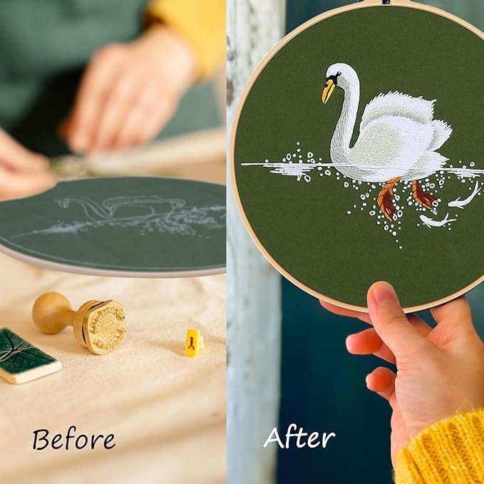 COCOMOX 4 Sets Embroidery Kit for Beginners, Hand Embroidery Stiches Practice Kit for Adults, Dolphin Swan Turtle Hummingbird Pattern Embroidery Kit, Craft Hand Stitch DIY Kit