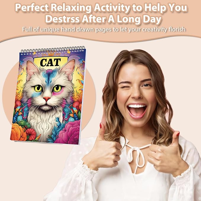 Cat Coloring Book for Adults Spiral Bound, One Sided Design Cat Adult Coloring Book Spiral Bound for Women Anxiety Therapy Thick Paper - 30 Pages for Stress Relief and Relaxation