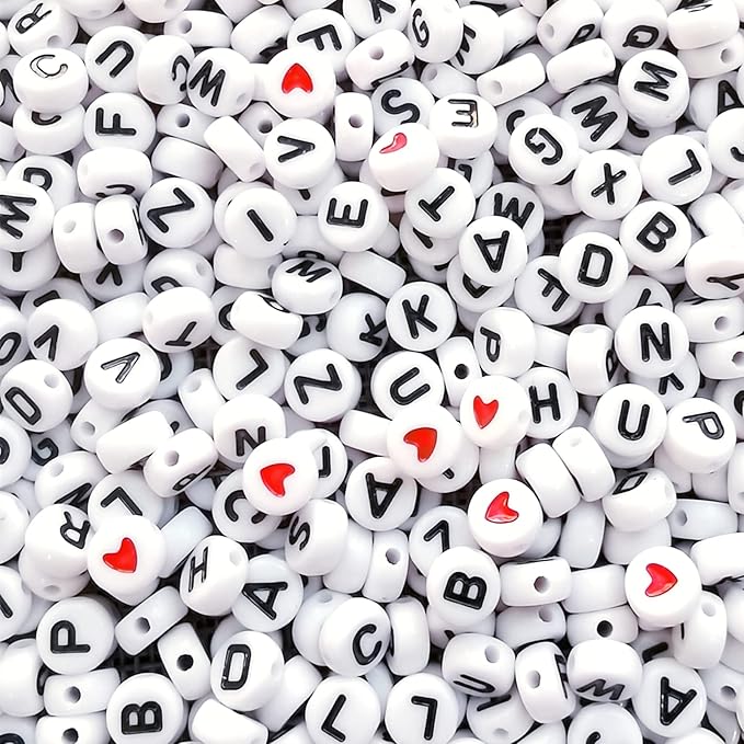 Amaney 1000pcs 4x7mm Letter Beads and Red Heart Beads for Jewelry Making Bracelets, Necklaces, Key Chains