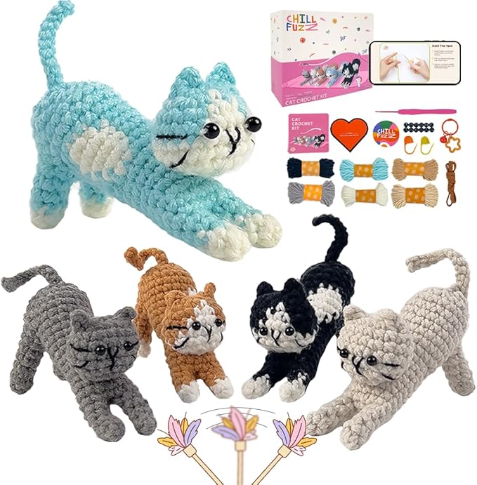 ChillFuzz Animal Crochet Kit Beginner Crochet Kit for Adults with Yarn Hook and Instructions Fun DIY Craft Kit Yoga Cat