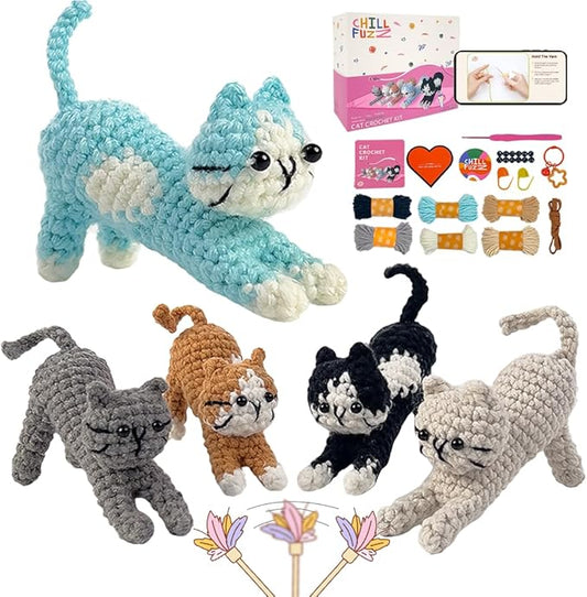ChillFuzz Animal Crochet Kit Beginner Crochet Kit for Adults with Yarn Hook and Instructions Fun DIY Craft Kit Yoga Cat