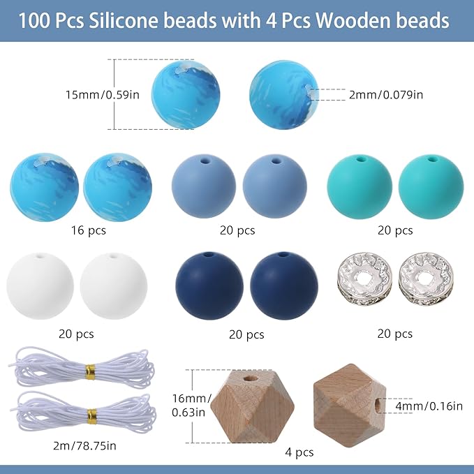96Pcs Silicone Beads for Bracelets with 4Pcs Wooden Bead and Elastic 2 Strings, 15mm Silicone Beads Bulk Wave Bracelet Making Kit Focal Bead for Pens Keychain Making Kit