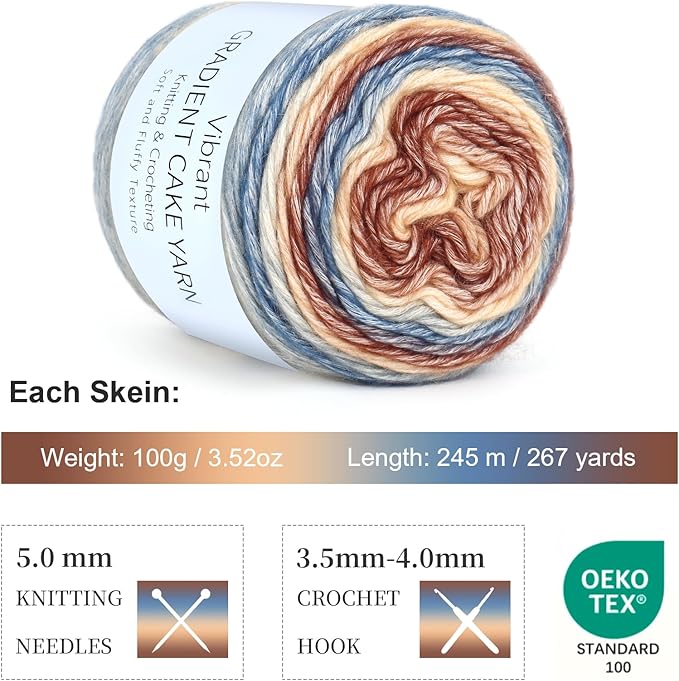 Aeelike Cake Yarn for Crocheting, 6 Skeins Gradient Yarn 100g (3.52 oz) 245m (267 Yards) # 3 Light Weight -Soft Cake Yarns Fairyland Yarns for DIY Making Colorful Blanket Scarves Hat, Khaki Gradient