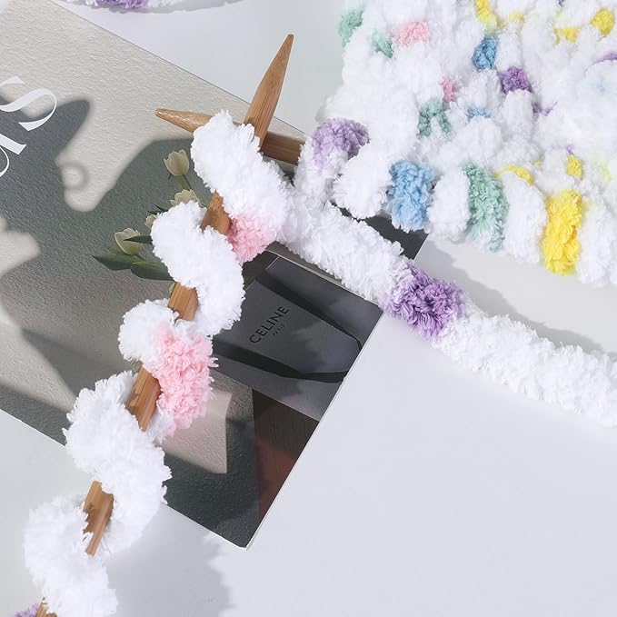 HOMBYS Chunky Tie Dye Mix Chenille Yarn for Hand Knitting, Super Bulky Jumbo Yarn for Crocheting, 3/4" Thick Soft Plush Yarn for Blankets, 8 Skein Pack (26 yds / 7.5 oz Each) Rainbow White