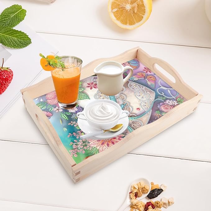 5D Diamond Art Tray with Handle for Adults DIY Diamond Art Plate Kits Beautiful Flower Heart Picture Diamond Art Painting Dinner Plate for Coffee Living Room Home Organizer Parties Family Gatherings