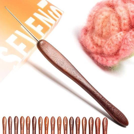 SEVENSUN Mimosa 0.8mm Single Crochet Hook, Available in 0.6mm-6.5mm, Ergonomic Hand Polished Stainless Steel Inline Pointy Wood Handle Crochet Hook for Arthritic Hands, Mother's Day Gifts for Mom