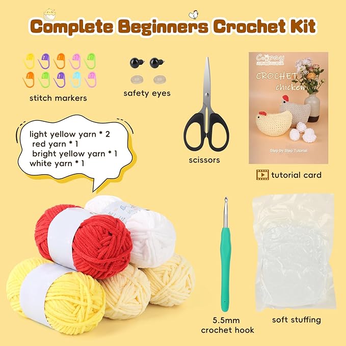 Coopay Crochet Kit for Beginners, Egg-Laying Mama Hen, Easy Chicken Crochet Kit with Step-by-Step Video Tutorial, Cute Crochet Animals Kit for Adults, Easter Gifts, Chenille Yarn, 1 Chicken+3 Eggs