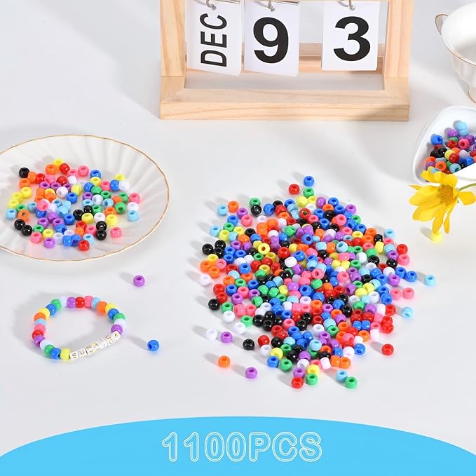 sunrica 1100pcs multicolored pony beads 6x9mm 10 colors large hole plastic beads for kandi, hair braids, necklaces, friendship bracelets