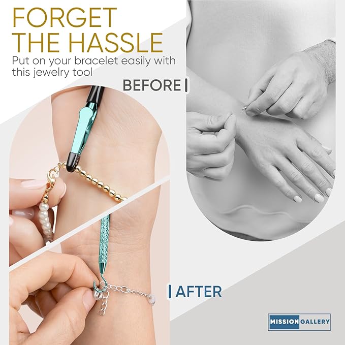 Bracelet Helper Tool with Hook - Fastener Helper Tool for Bracelet, Necklace, Jewelry, Watch - Clip, Clasp Helper - Portable, Easy-to-Use, Made of Metal - Teal