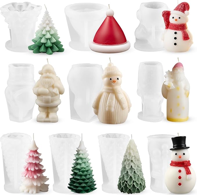 LemonRoad 10 Pcs Christmas Candle Mold Set Candle Silicone Molds Christmas Trees Santa Claus Xmas Hat Snowman Pine Shaped for Resin Soap Craft Cake Chocolate Making Kit Holiday Gift Decoration