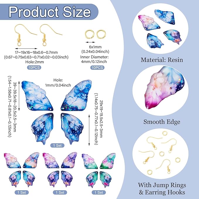 FASHEWELRY 16Pcs Resin Butterfly Wing Charms for Jewelry Making, Glitter Flower Print Colorful Insects Wing Pendant Earrings Making Kit Earring Hook Jump Rings