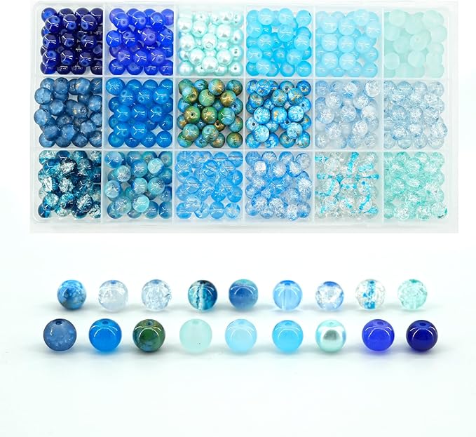 Hanyoung 8mm Glass Beads for Bracelet, Assorted Dreamy Blue Ocean Series 18 Colors 450 pcs Beads for Jewelry Making kit, Crystal Glass Round Beads for DIY Crafts Gifts (Blue Color)