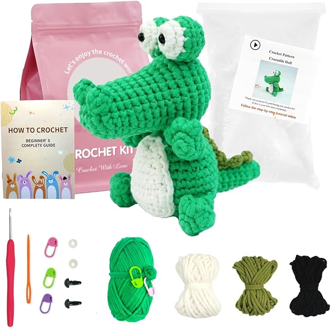 minimal beee Crocodile Crochet Kit for Beginners, Animals Easy-Peasy Yarn with Complete Starter Supplies, DIY Gift for Adults Crafts, Includes Video Tutorials & Patterns