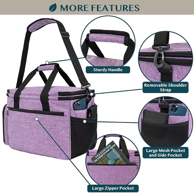 PAVILIA Knitting Bag Yarn Storage Tote, Large Crochet Organizer Bag, Yarn Storage Holder for Crocheting Knitter, Knitting Project Bag, Crochet Accessories Set, Gifts For Crochet Lovers, Heather Purple