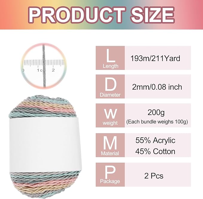 MECCANIXITY Cotton Acrylic Yarn for Crocheting, 422 Yard 5 Ply Soft Gradient Yarn Acrylic 45% Cotton 55% Used for DIY Knitting Blankets Scarves(2 Packx100g,Gray,Green,Yellow,Red)