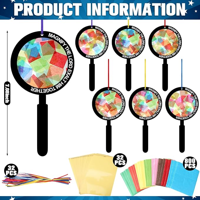 Motipuns 32 Sets Magnify Suncatchers Craft Kits DIY Magnifying Glass Shape Church Christian Religious VBS Craft Stained Glass Effect Tissue Paper Kit for Sunday School Resurrection Window Art